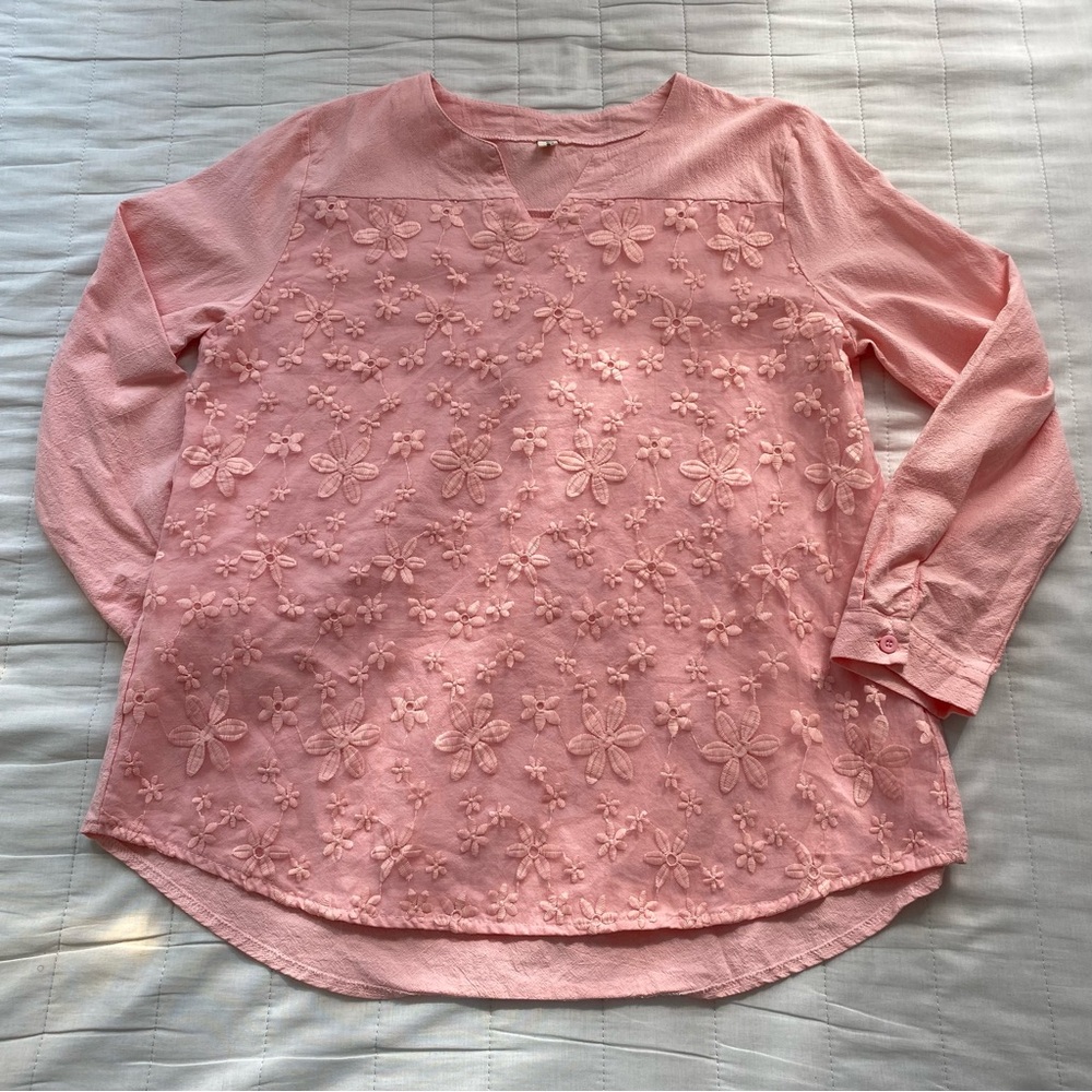 Women’s Pink Floral Embroidered Long-Sleeve Top